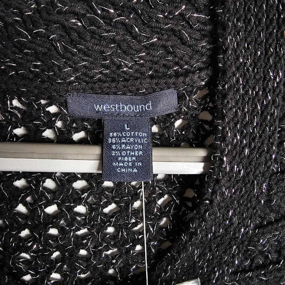 NWT WESTBOUND Open Knit Cardigan Sweater Top size L BLACK & SILVER Buttons Cozy - Picture 3 of 8